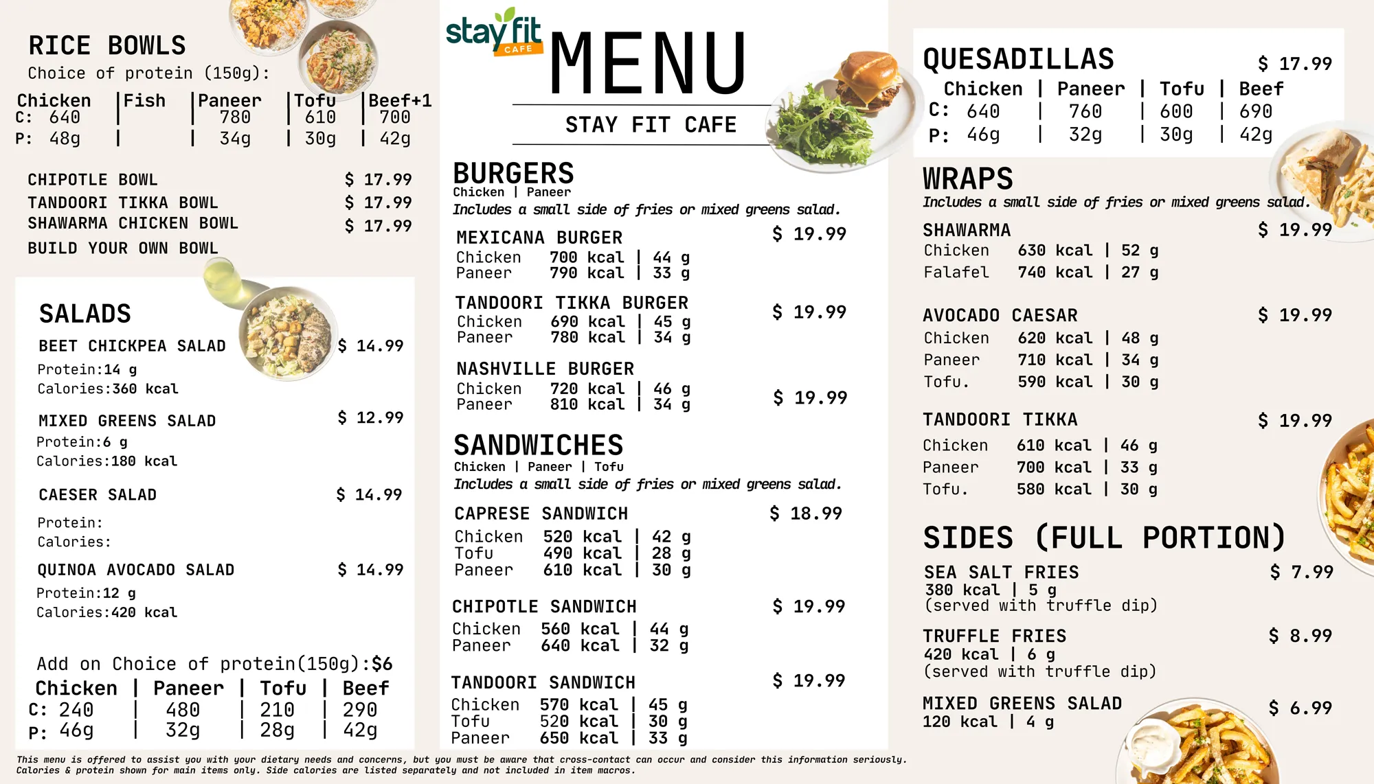 The Stay Fit Cafe food menu, set across three columns with dish photography.