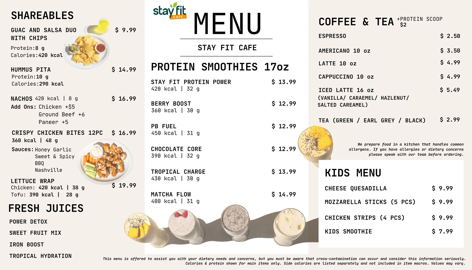 The Stay Fit Cafe drinks and smoothie menu, with a protein scoop column.