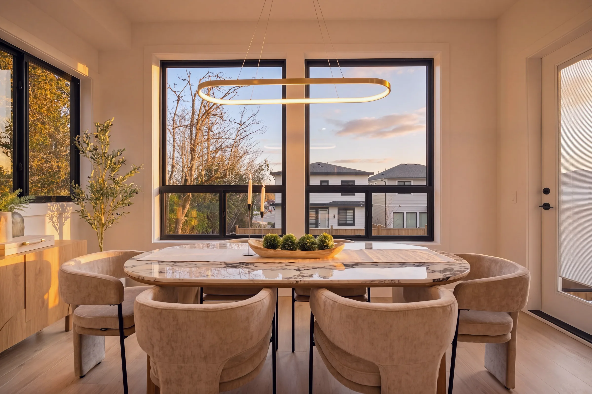 Golden-hour dining room with the window view fully held — the HDR argument in one frame.