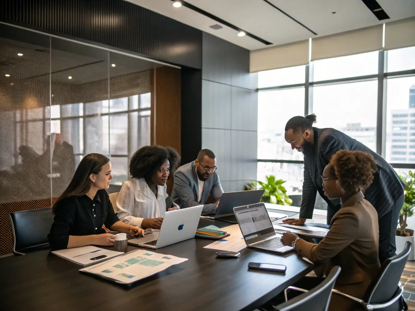 A dynamic shot of a team working in a modern office space, captured during a commercial shoot with a focus on collaboration and innovation.