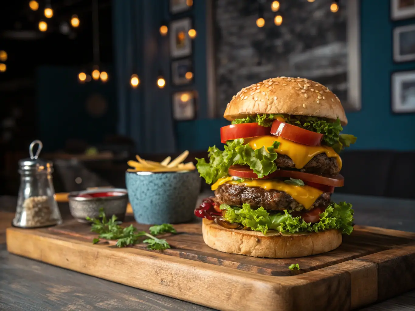 A vibrant and appetizing shot of a gourmet burger on a wooden board, taken in a restaurant setting with soft, diffused lighting to emphasize the textures and colors.